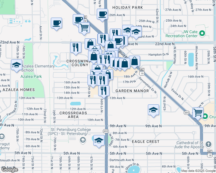 map of restaurants, bars, coffee shops, grocery stores, and more near 1501 66th Street North in St. Petersburg