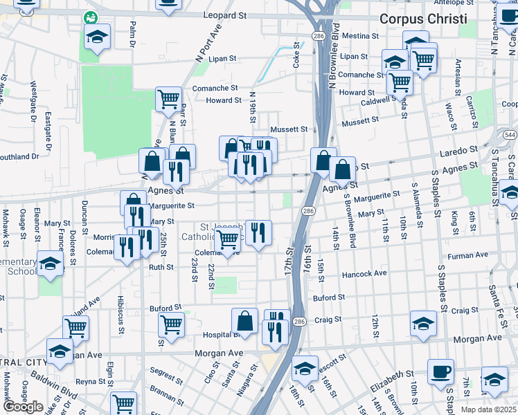 map of restaurants, bars, coffee shops, grocery stores, and more near 512 South 19th Street in Corpus Christi