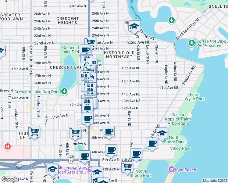 map of restaurants, bars, coffee shops, grocery stores, and more near 113 14th Avenue Northeast in St. Petersburg