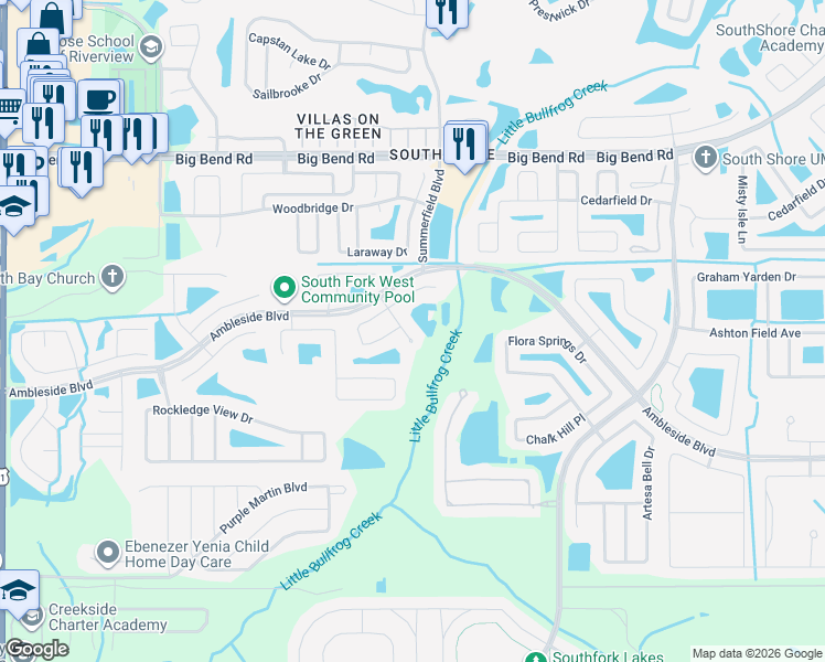 map of restaurants, bars, coffee shops, grocery stores, and more near 13624 Silver Charm Court in Riverview