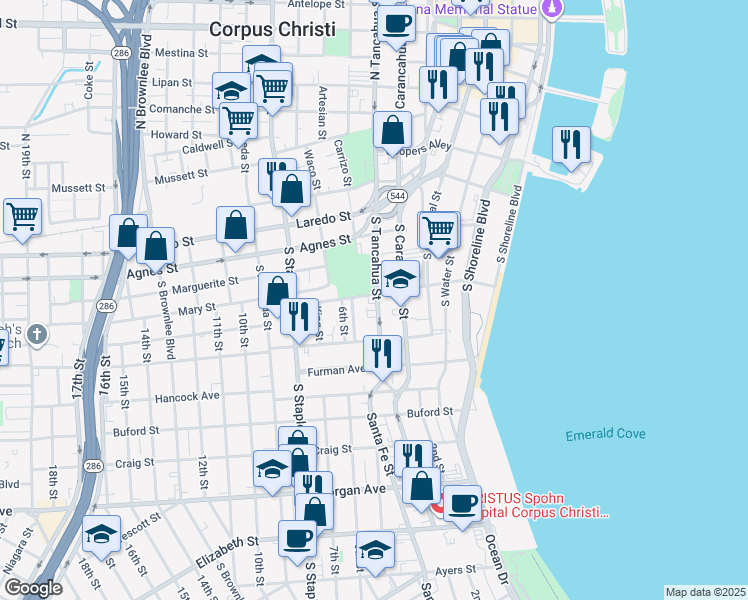map of restaurants, bars, coffee shops, grocery stores, and more near 609 Park Avenue in Corpus Christi