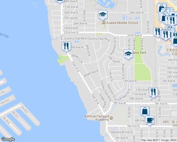 map of restaurants, bars, coffee shops, grocery stores, and more near 7995 Bogie Avenue North in St. Petersburg
