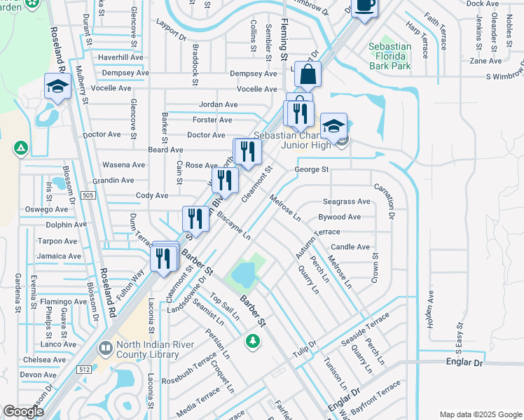 map of restaurants, bars, coffee shops, grocery stores, and more near 1036 Landsdowne Drive in Sebastian