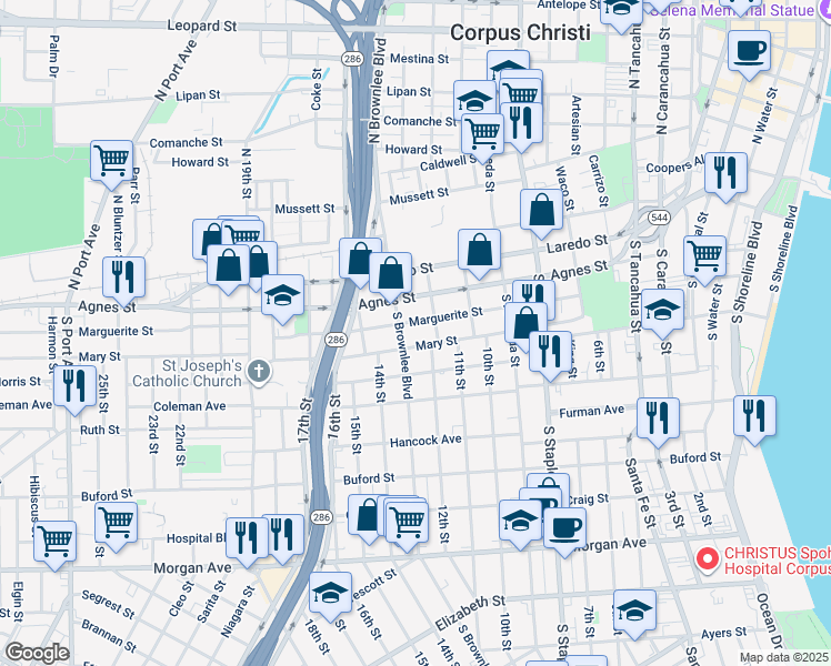 map of restaurants, bars, coffee shops, grocery stores, and more near 1418 Mary Street in Corpus Christi