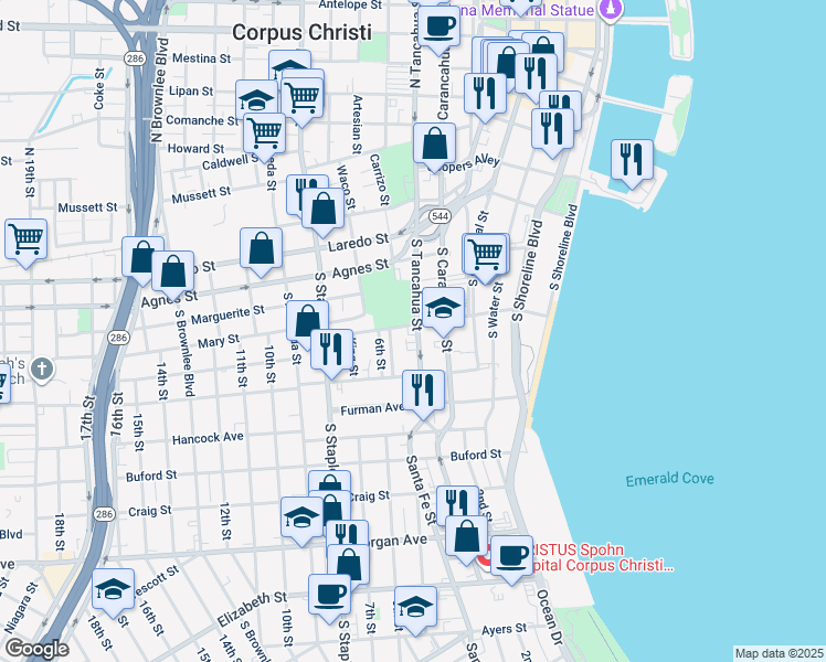 map of restaurants, bars, coffee shops, grocery stores, and more near 609 Park Avenue in Corpus Christi