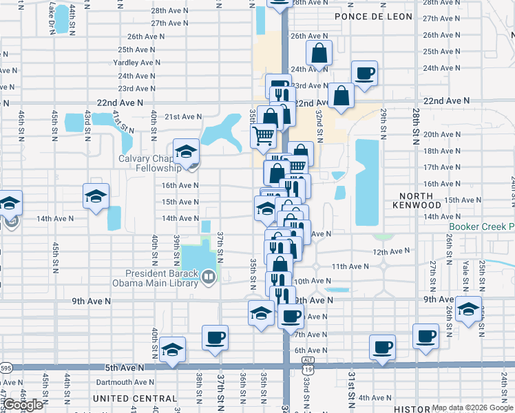 map of restaurants, bars, coffee shops, grocery stores, and more near 1425 35th Street North in St. Petersburg