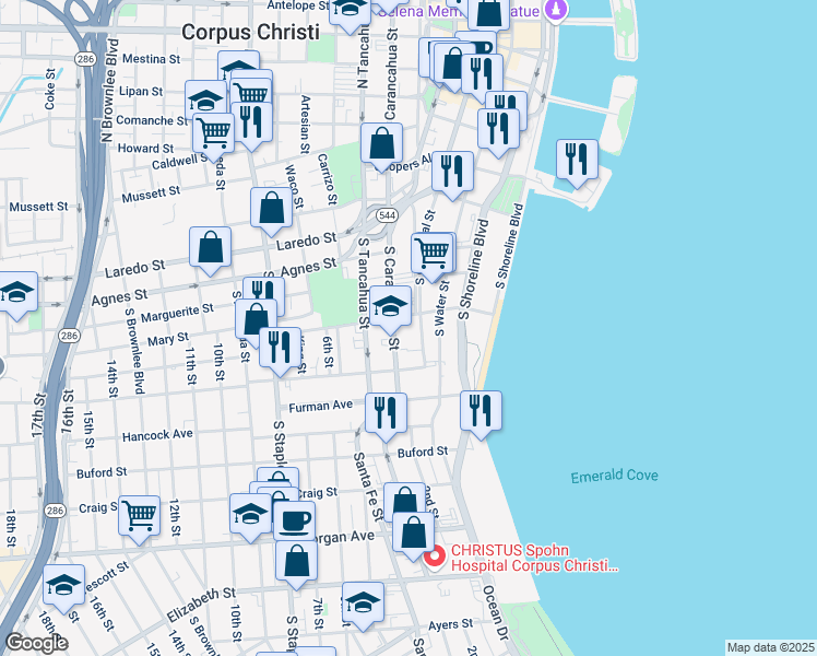 map of restaurants, bars, coffee shops, grocery stores, and more near 715 South Upper Broadway in Corpus Christi