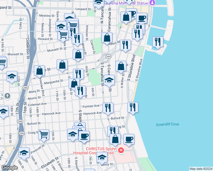 map of restaurants, bars, coffee shops, grocery stores, and more near 609 Park Avenue in Corpus Christi