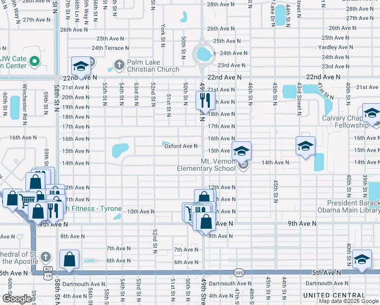 map of restaurants, bars, coffee shops, grocery stores, and more near 4949 15th Avenue North in St. Petersburg