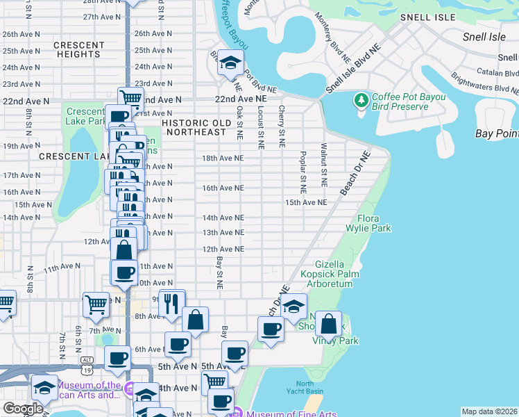 map of restaurants, bars, coffee shops, grocery stores, and more near 365 14th Avenue Northeast in St. Petersburg