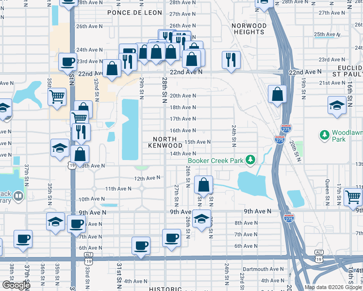 map of restaurants, bars, coffee shops, grocery stores, and more near 1418 26th Street North in St. Petersburg