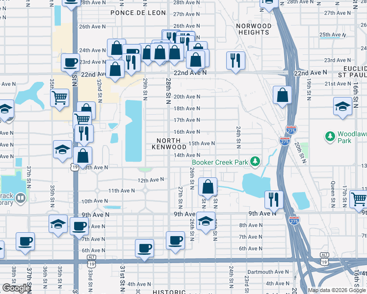 map of restaurants, bars, coffee shops, grocery stores, and more near 1418 26th Street North in St. Petersburg