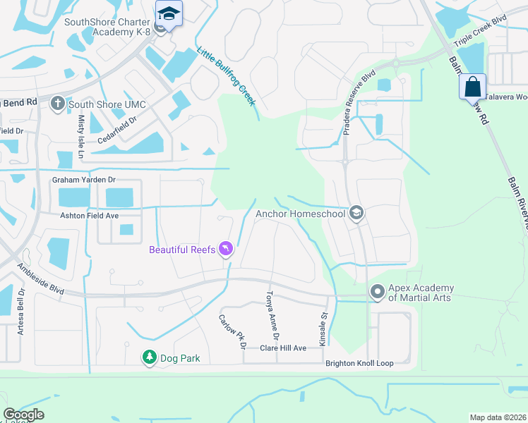 map of restaurants, bars, coffee shops, grocery stores, and more near 11907 Sunburst Marble Road in Riverview