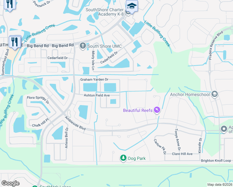 map of restaurants, bars, coffee shops, grocery stores, and more near 11620 Ashton Field Avenue in Riverview