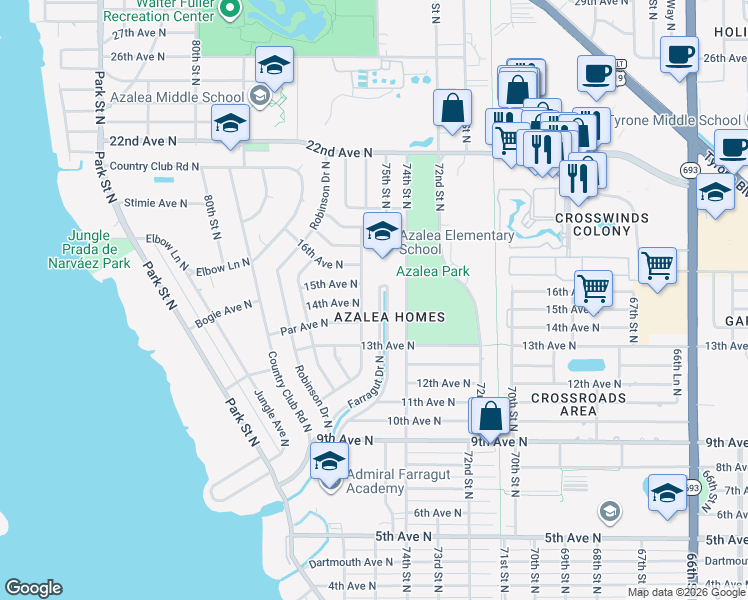 map of restaurants, bars, coffee shops, grocery stores, and more near 1377 Farragut Drive North in St. Petersburg
