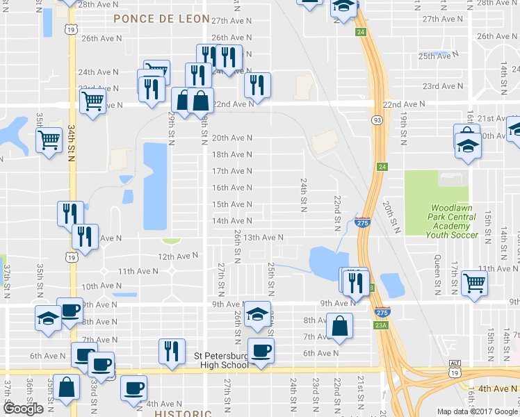 map of restaurants, bars, coffee shops, grocery stores, and more near 2526 15th Avenue North in Saint Petersburg