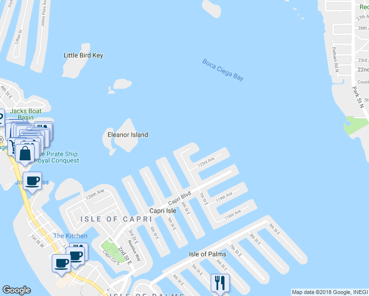 map of restaurants, bars, coffee shops, grocery stores, and more near 710 126th Avenue in Treasure Island