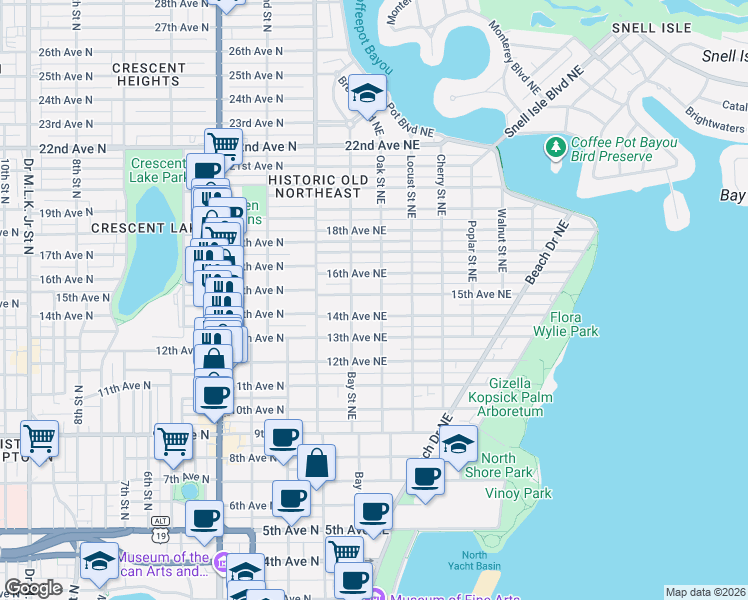 map of restaurants, bars, coffee shops, grocery stores, and more near 255 14th Avenue Northeast in St. Petersburg