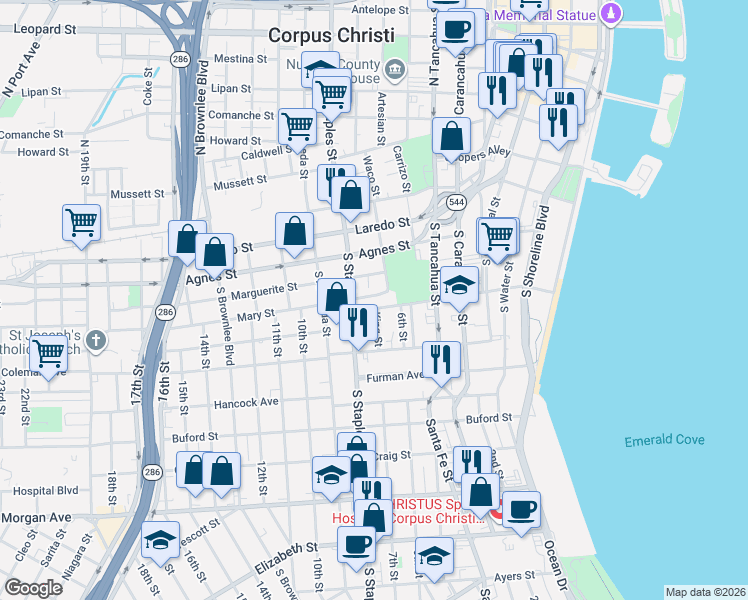 map of restaurants, bars, coffee shops, grocery stores, and more near 911 Park Avenue in Corpus Christi
