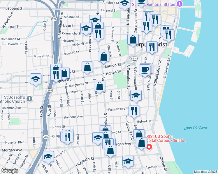 map of restaurants, bars, coffee shops, grocery stores, and more near 911 Park Avenue in Corpus Christi