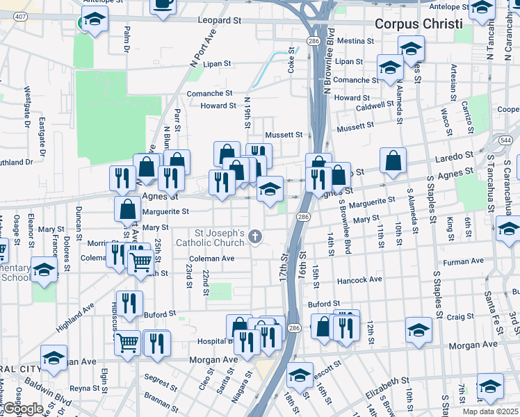 map of restaurants, bars, coffee shops, grocery stores, and more near 512 South 19th Street in Corpus Christi