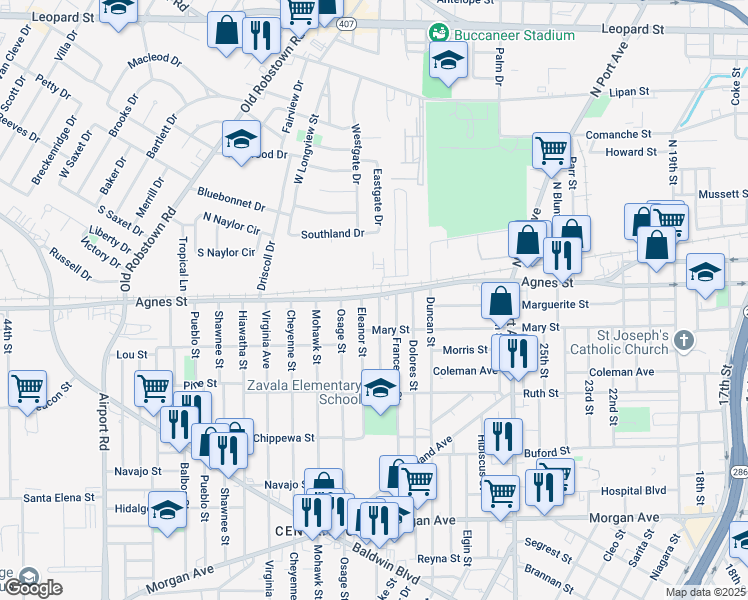 map of restaurants, bars, coffee shops, grocery stores, and more near 3115 Agnes Street in Corpus Christi