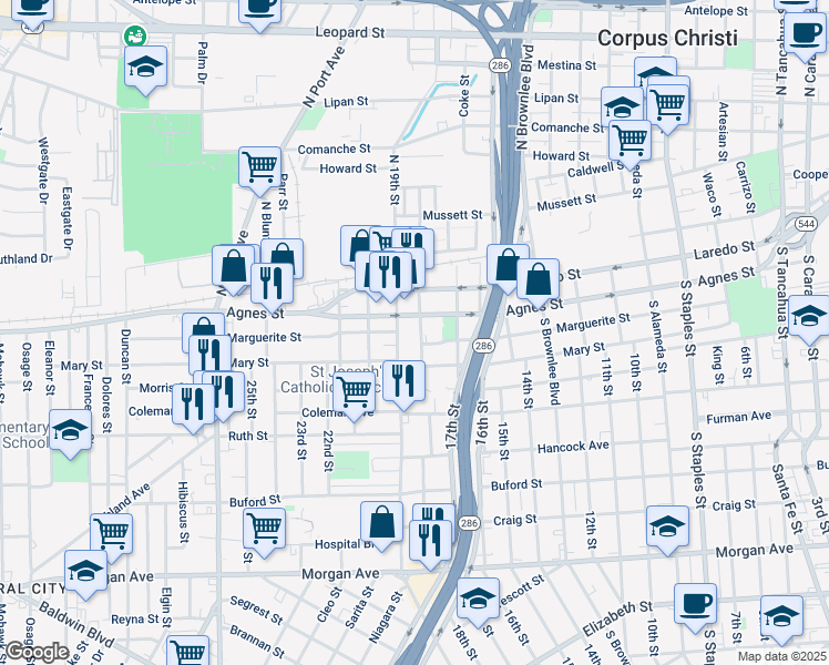 map of restaurants, bars, coffee shops, grocery stores, and more near 512 South 19th Street in Corpus Christi