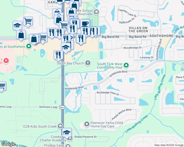map of restaurants, bars, coffee shops, grocery stores, and more near 13513 Padron Court in Riverview