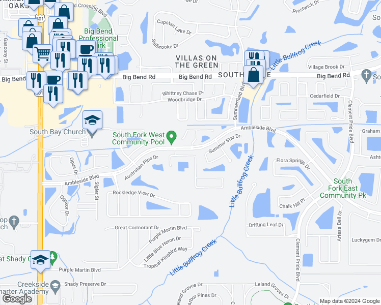map of restaurants, bars, coffee shops, grocery stores, and more near 11022 Golden Silence Drive in Riverview