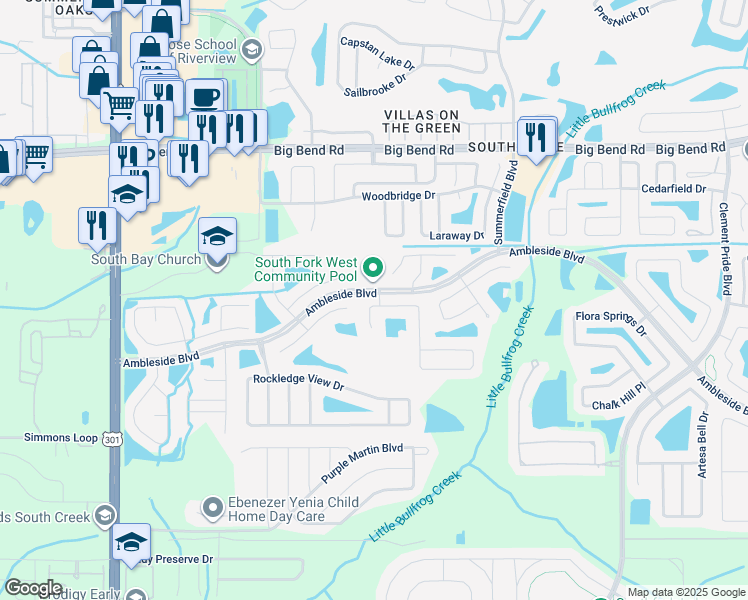 map of restaurants, bars, coffee shops, grocery stores, and more near 10928 Golden Silence Drive in Riverview