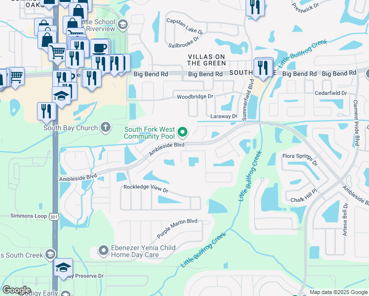map of restaurants, bars, coffee shops, grocery stores, and more near 11011 Golden Silence Drive in Riverview