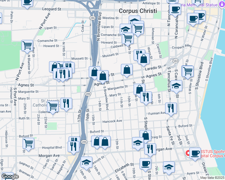 map of restaurants, bars, coffee shops, grocery stores, and more near 1418 Mary Street in Corpus Christi
