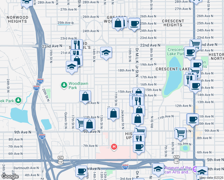 map of restaurants, bars, coffee shops, grocery stores, and more near 1114 15th Avenue North in St. Petersburg
