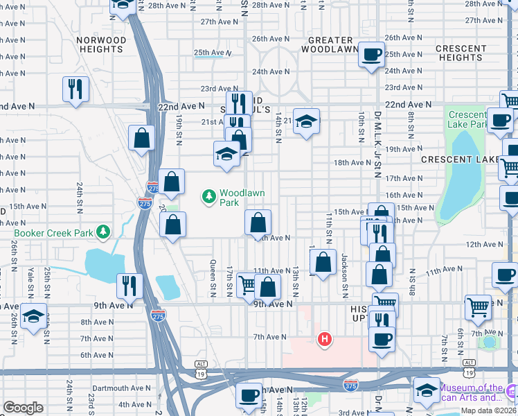 map of restaurants, bars, coffee shops, grocery stores, and more near 1401 16th Street North in St. Petersburg
