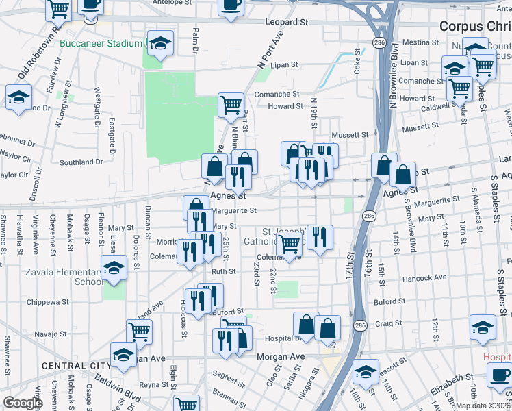 map of restaurants, bars, coffee shops, grocery stores, and more near 2535 Marguerite Street in Corpus Christi