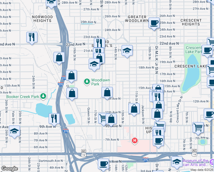 map of restaurants, bars, coffee shops, grocery stores, and more near 1444 15th Street North in St. Petersburg