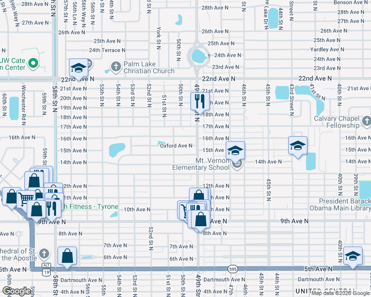 map of restaurants, bars, coffee shops, grocery stores, and more near 4949 15th Avenue North in St. Petersburg