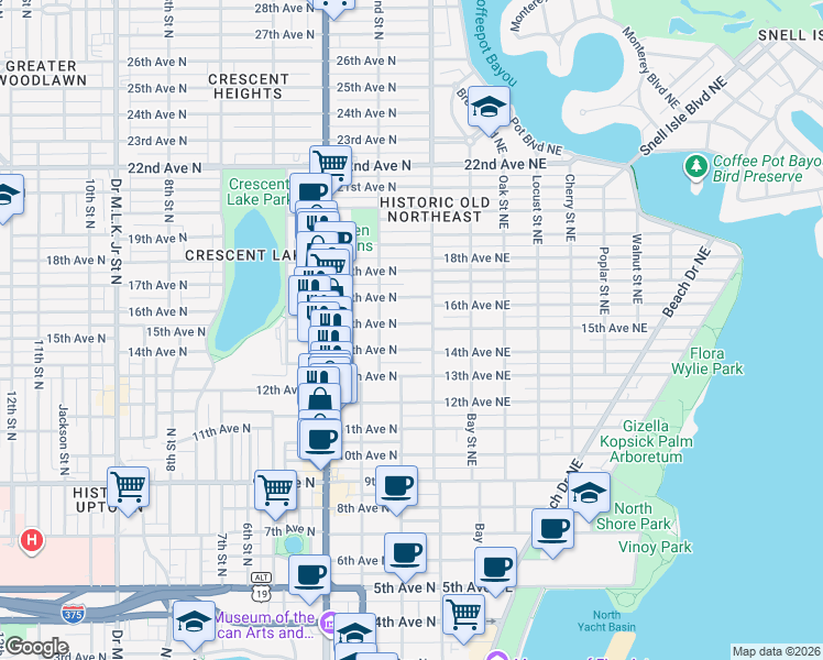 map of restaurants, bars, coffee shops, grocery stores, and more near 113 14th Avenue Northeast in St. Petersburg