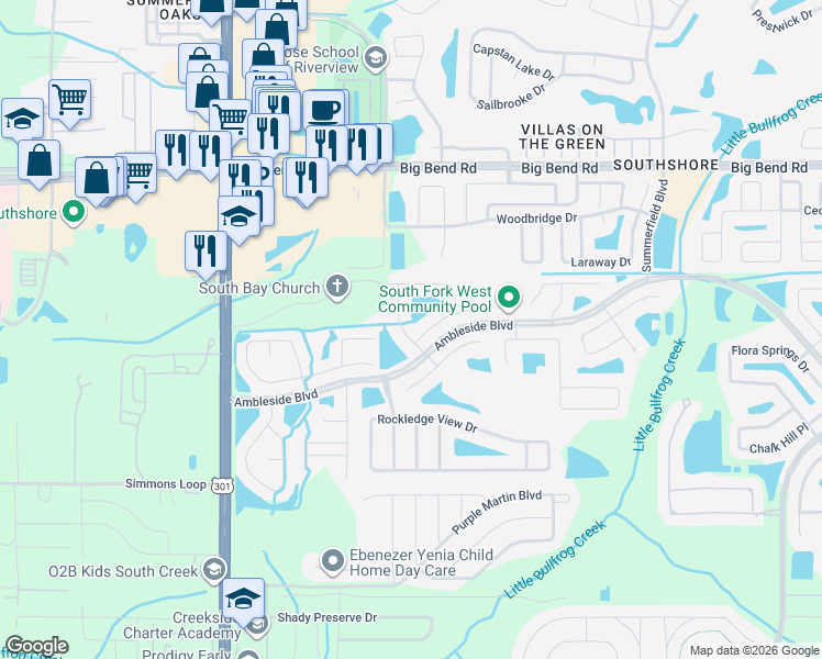map of restaurants, bars, coffee shops, grocery stores, and more near 10903 Subtle Trail Drive in Riverview