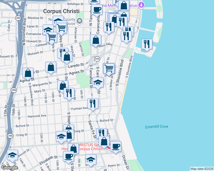 map of restaurants, bars, coffee shops, grocery stores, and more near 715 South Upper Broadway in Corpus Christi