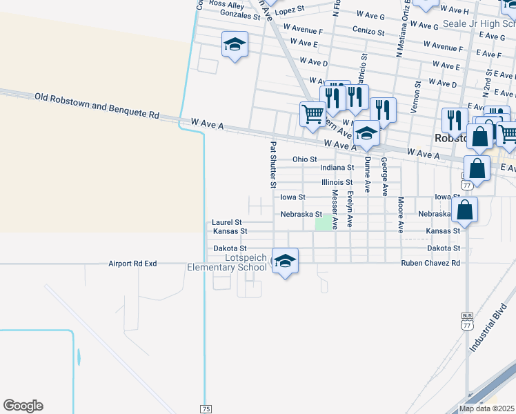 map of restaurants, bars, coffee shops, grocery stores, and more near 1217 Kansas Street in Robstown