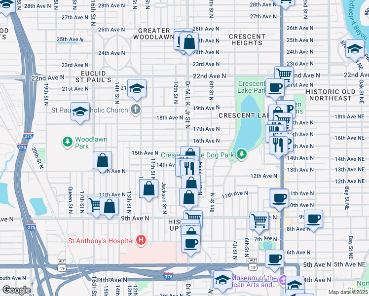 map of restaurants, bars, coffee shops, grocery stores, and more near 1432 9th Street North in St. Petersburg