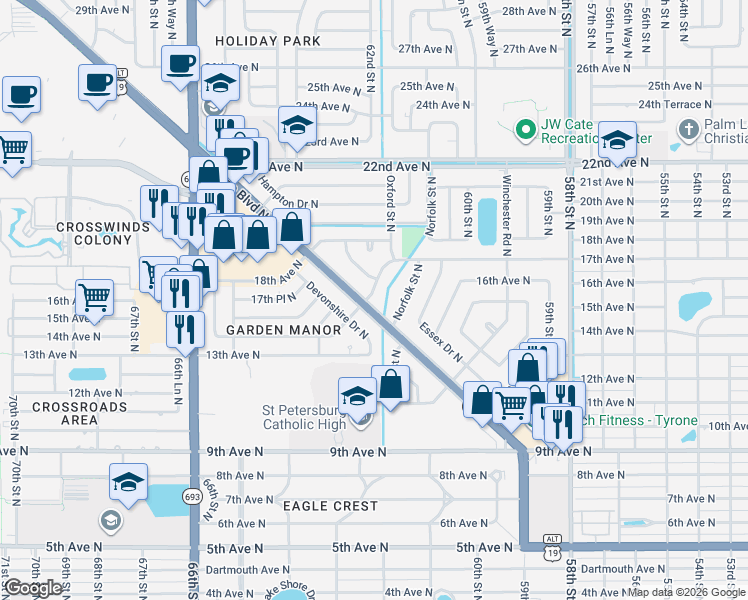 map of restaurants, bars, coffee shops, grocery stores, and more near 1411 Tyrone Boulevard North in St. Petersburg