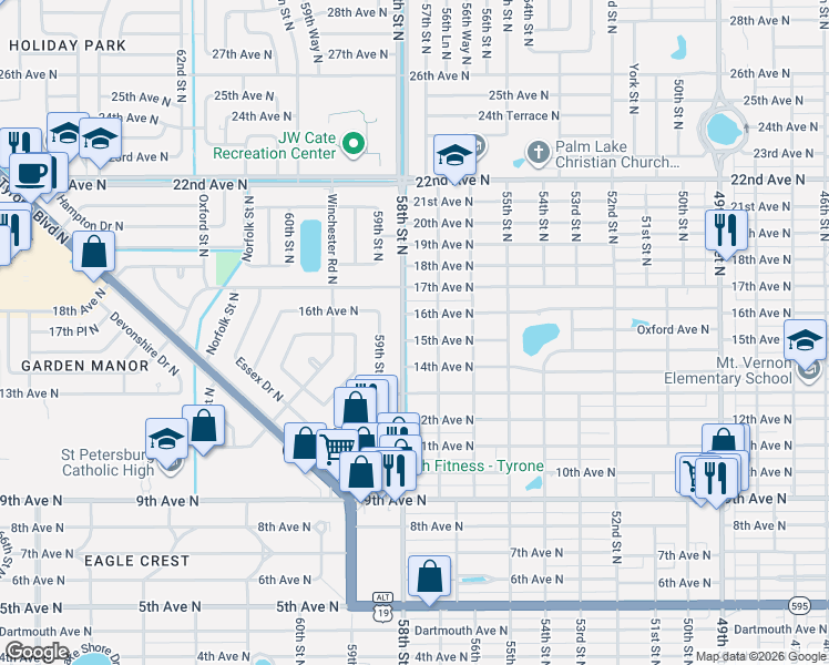 map of restaurants, bars, coffee shops, grocery stores, and more near 5736 15th Avenue North in St. Petersburg