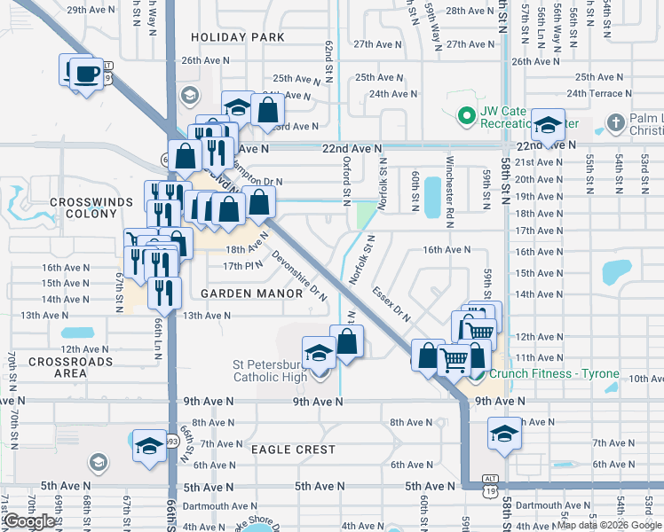map of restaurants, bars, coffee shops, grocery stores, and more near 1411 Tyrone Boulevard North in St. Petersburg