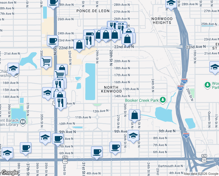 map of restaurants, bars, coffee shops, grocery stores, and more near 1500 28th Street North in Saint Petersburg