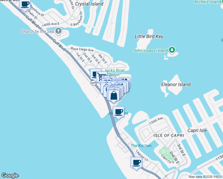 map of restaurants, bars, coffee shops, grocery stores, and more near 110 129th Avenue East in Madeira Beach