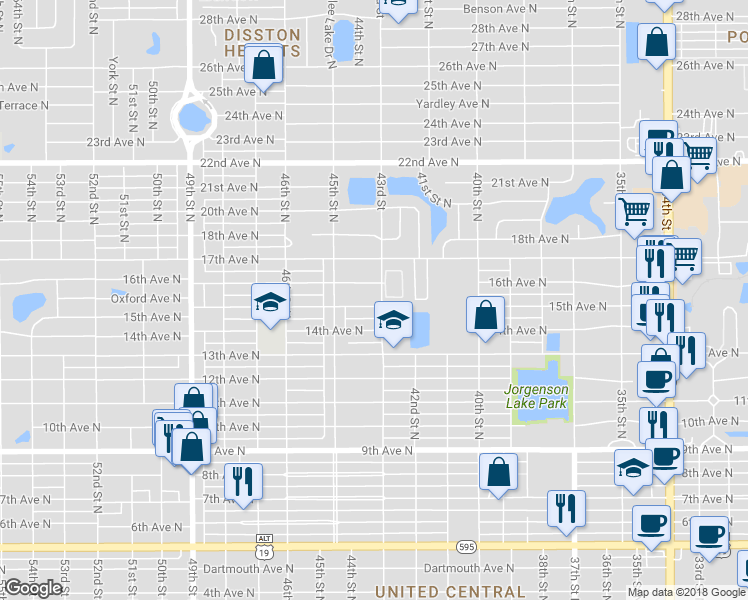 map of restaurants, bars, coffee shops, grocery stores, and more near 4319 15th Avenue North in Saint Petersburg