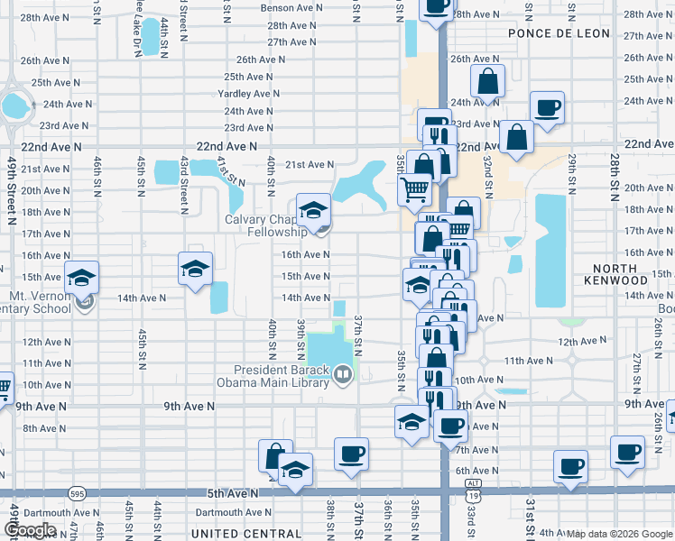 map of restaurants, bars, coffee shops, grocery stores, and more near 3753 15th Avenue North in St. Petersburg