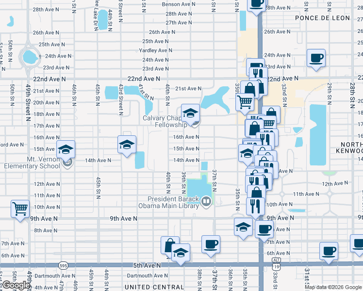 map of restaurants, bars, coffee shops, grocery stores, and more near 1500 39th Street North in St. Petersburg
